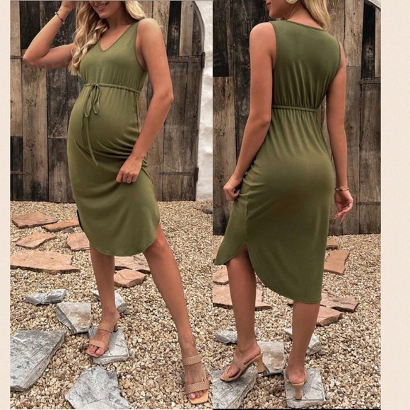 New Maternity Drawstring Waist Curved Hem Olive Army Green Dress Sleeveless Midi - Picture 1 of 11